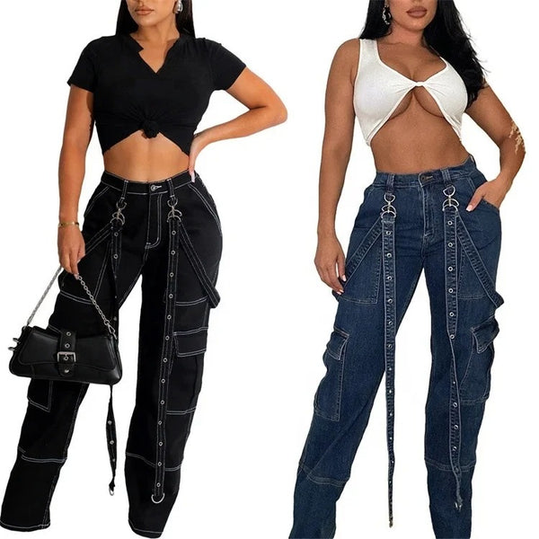 2023 New Fashion Woman Jeans with Belt Pockets High Waist Cargo Pants Casual Denim Trousers