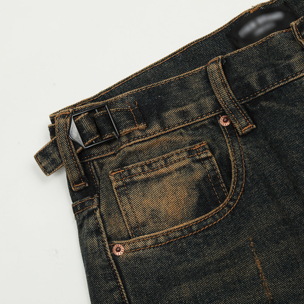 Contrast Color Washed Wide-leg Jeans Men