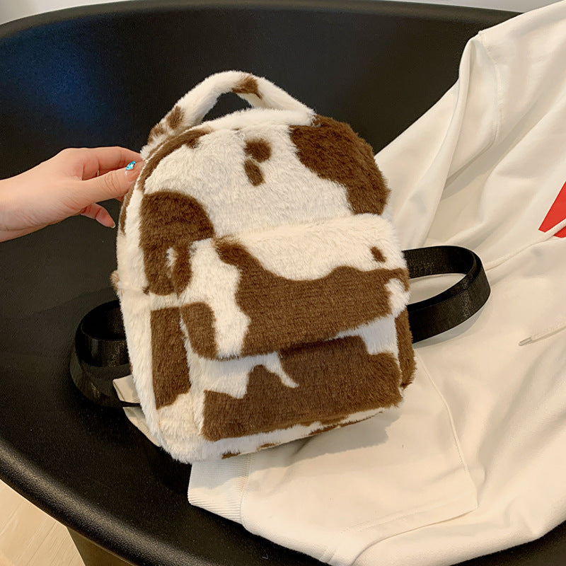 Cute Cows Pattern Furry Backpack Women Small Bags