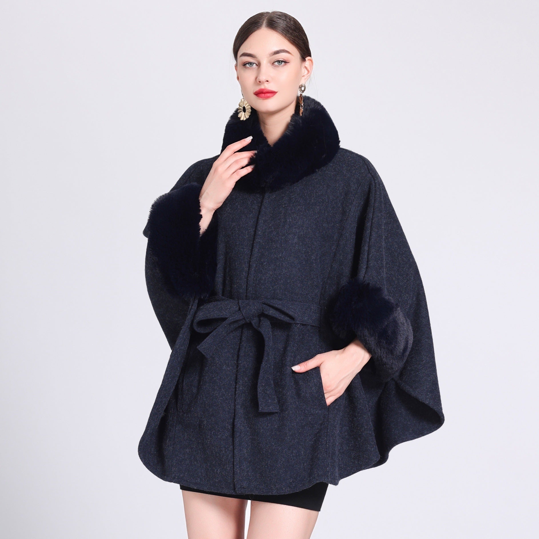 Rabbit Fur Collar Knitted Shawl Cape Lace-up Woolen Coat