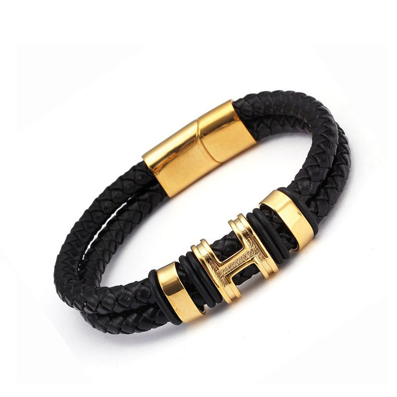 Retro Style High Quality Stainless Steel Ring H Accessories Genuine Leather Charm Accessories Men Women Bracelet