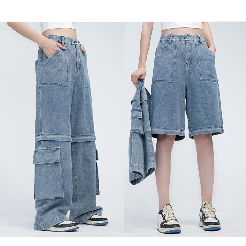 Two-way Detachable Tooling Style Worn Jeans Men And Women