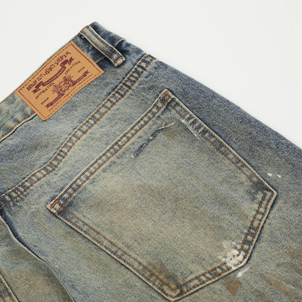 Yellow Mud Dyed Ripped Jeans For Men
