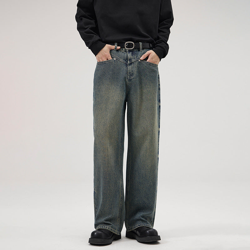 American Retro Washed Decorative Flower Jeans For Men