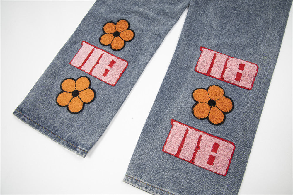 Embroidery Small Flower Straight Jeans For Men