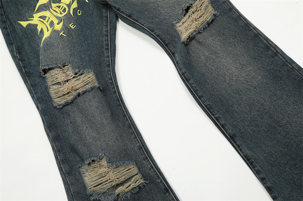 Embroidery Hole Slightly Flared Jeans Men