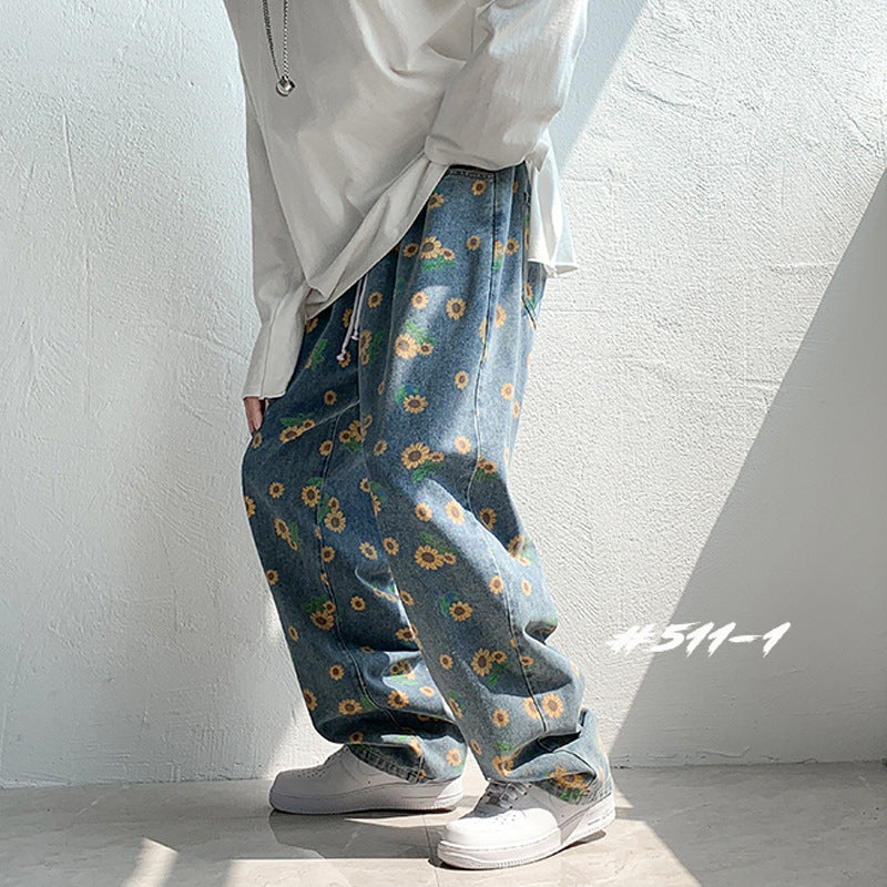 Small Daisy Flower Printed Pants Jeans Men