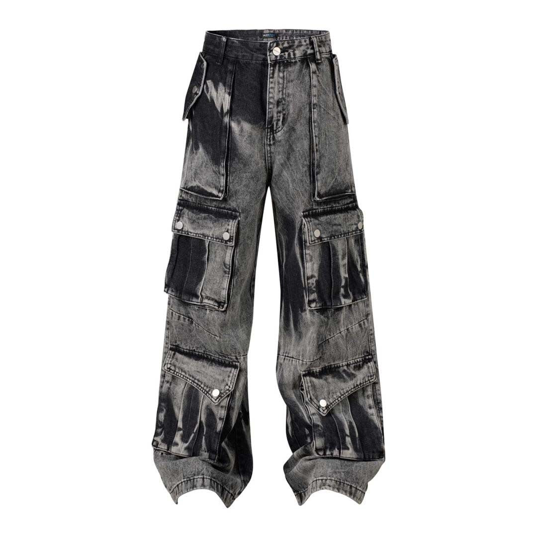 Retro Washed Distressed Tie-dye Multi-pocket Denim Overalls