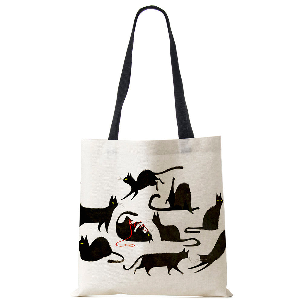 Black Cat Printed Linen Handbag