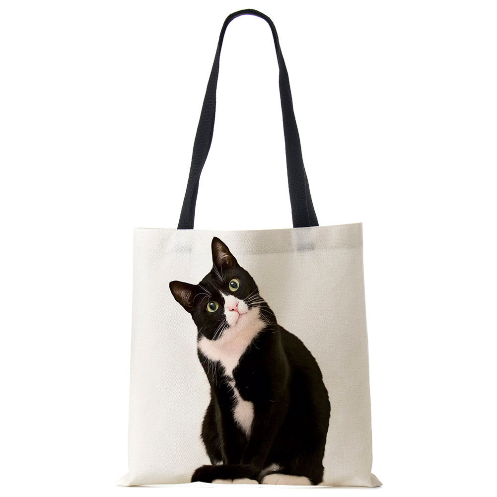 Black Cat Printed Linen Handbag