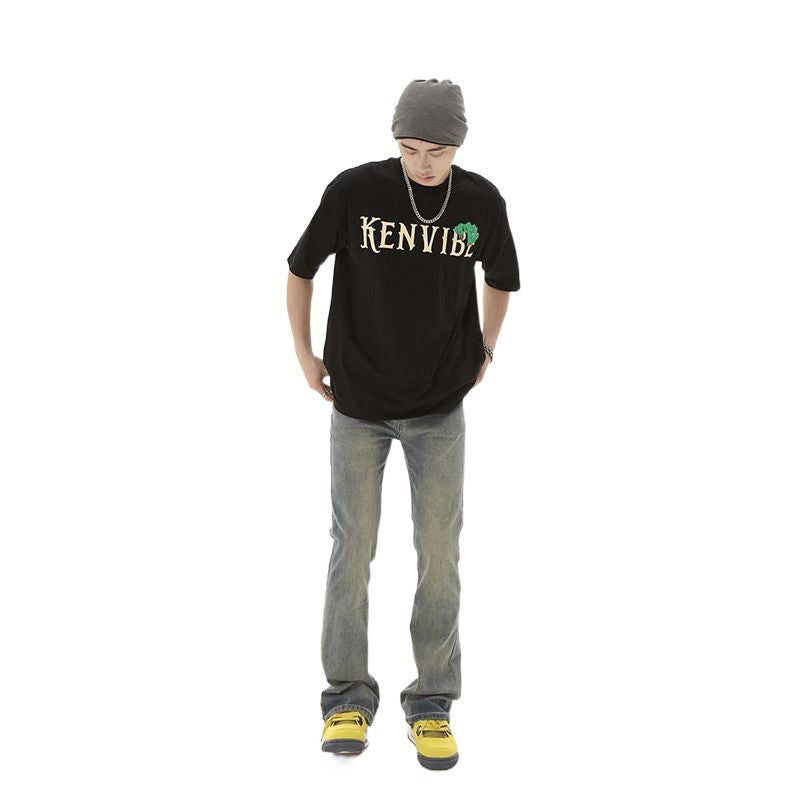 American Retro Yellow Mud Dyed Washed Worn Jeans Men