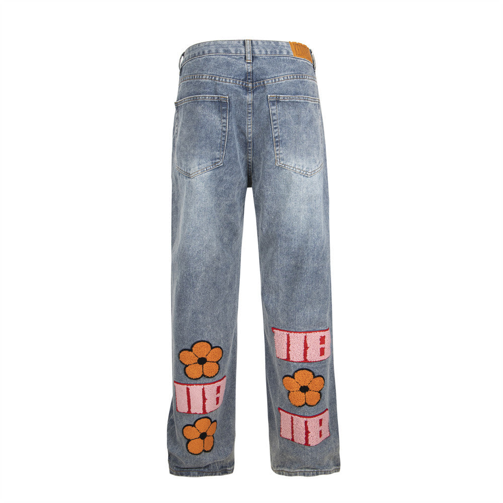 Embroidery Small Flower Straight Jeans For Men