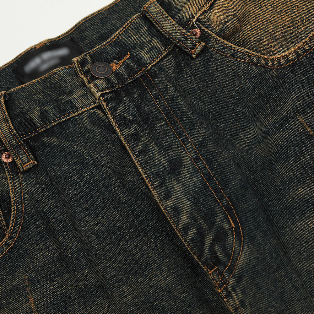 Contrast Color Washed Wide-leg Jeans Men