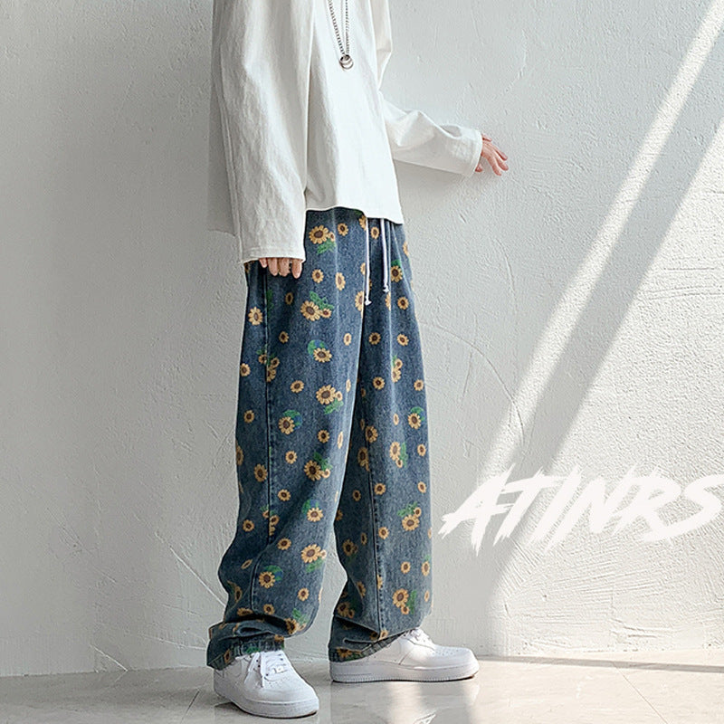 Small Daisy Flower Printed Pants Jeans Men