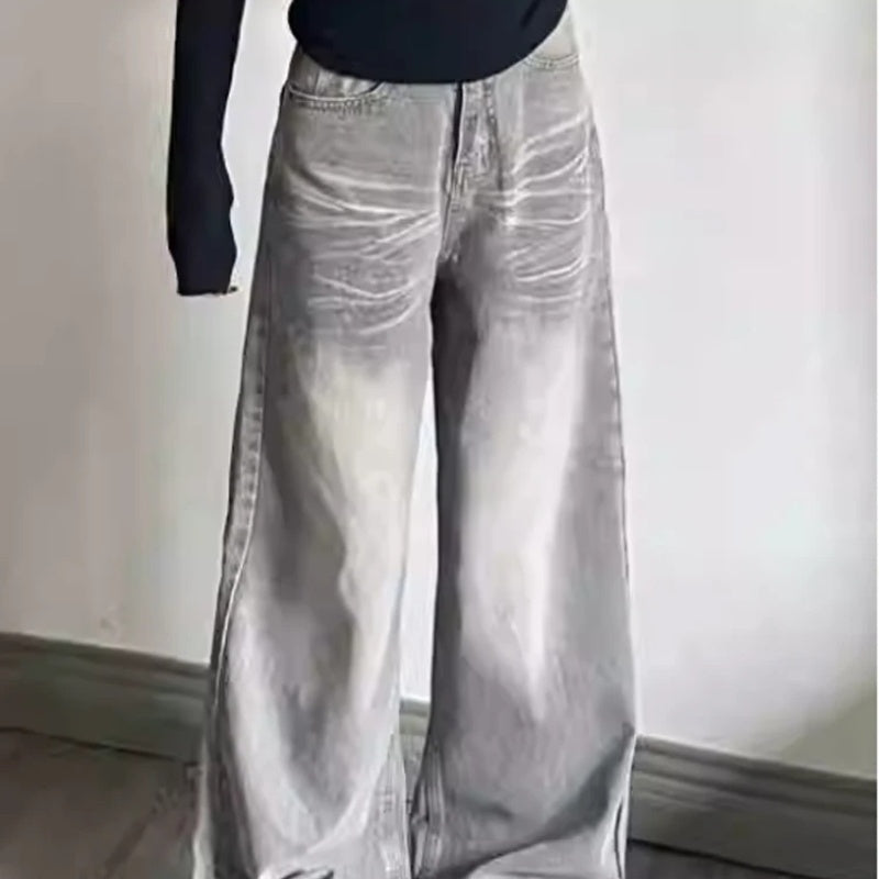 New Retro Distressed Street Atmosphere Corrugated Gray Wide-leg Jeans For Women