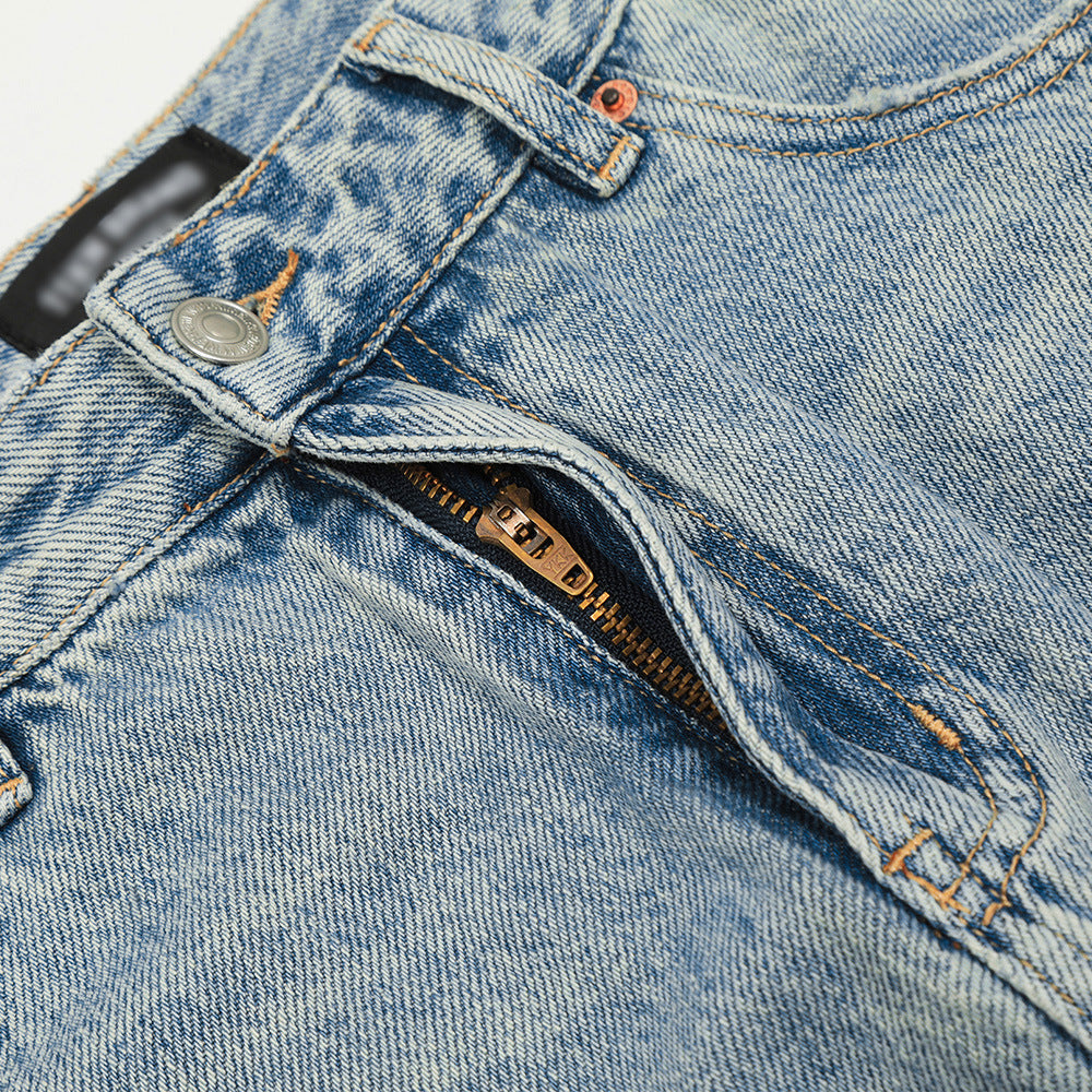 Light Color Washed And Worn Jeans For Men