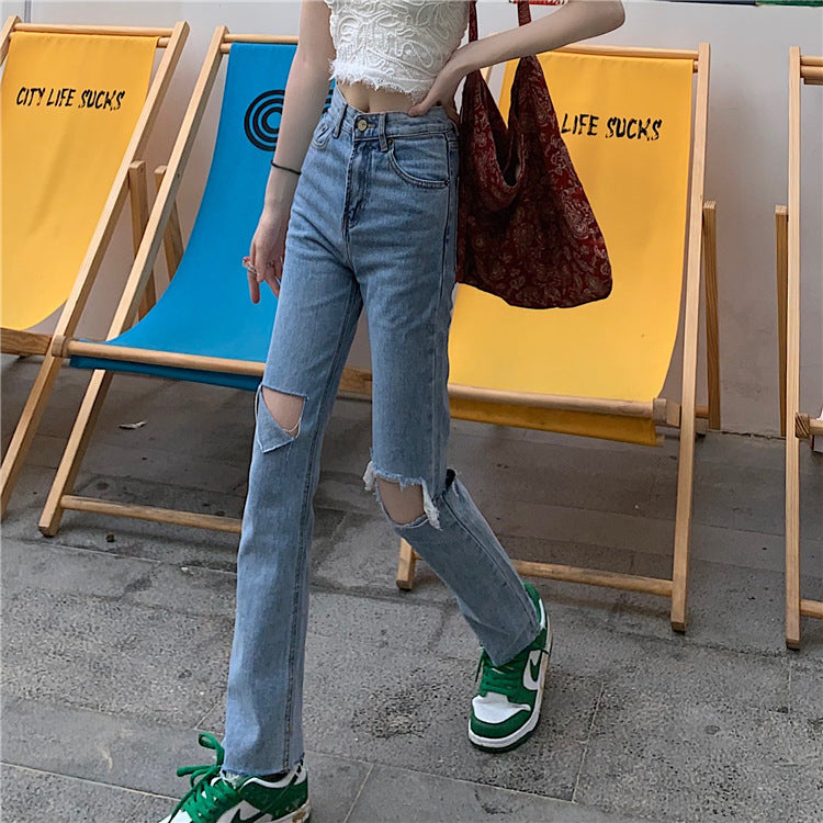 Summer Slim And Ripped Cropped Straight-leg Jeans For Women