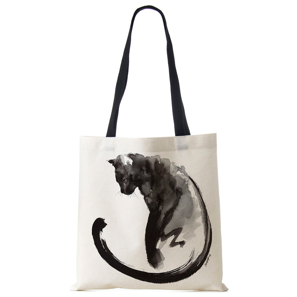 Black Cat Printed Linen Handbag