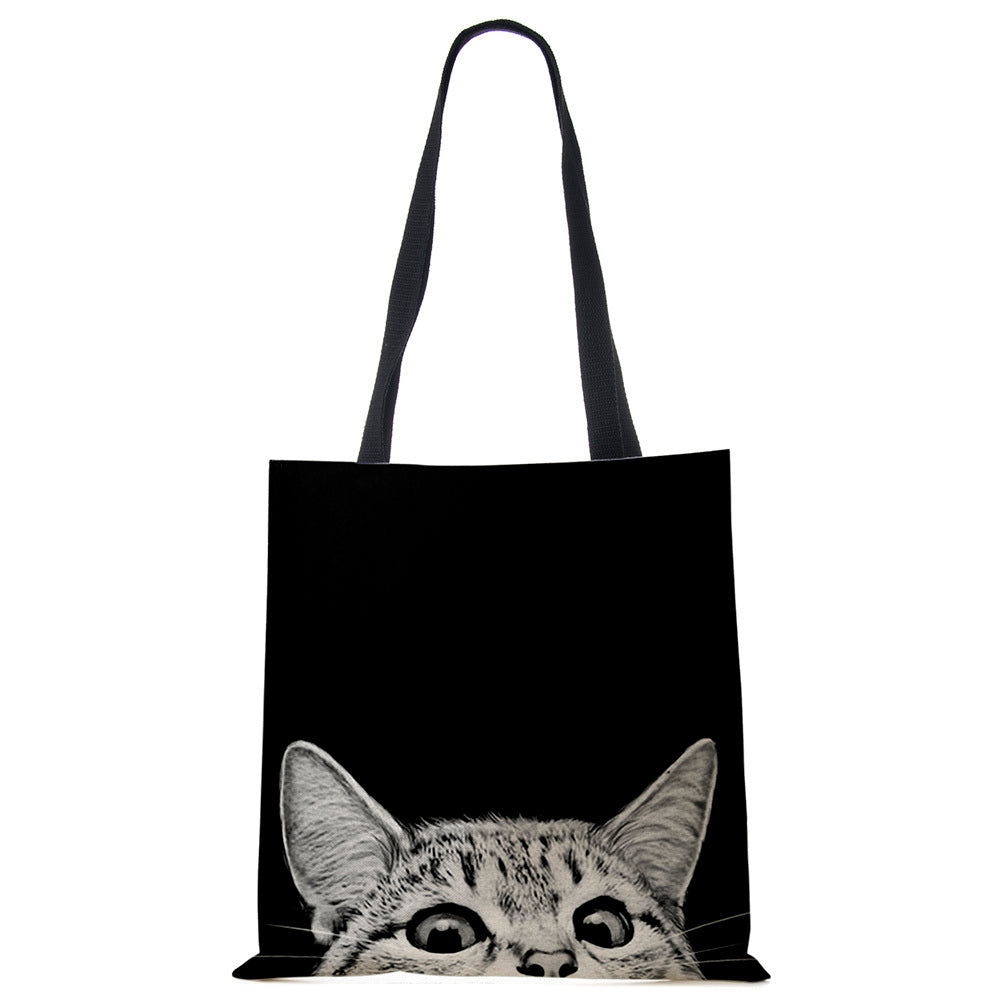 Black Cat Printed Linen Handbag