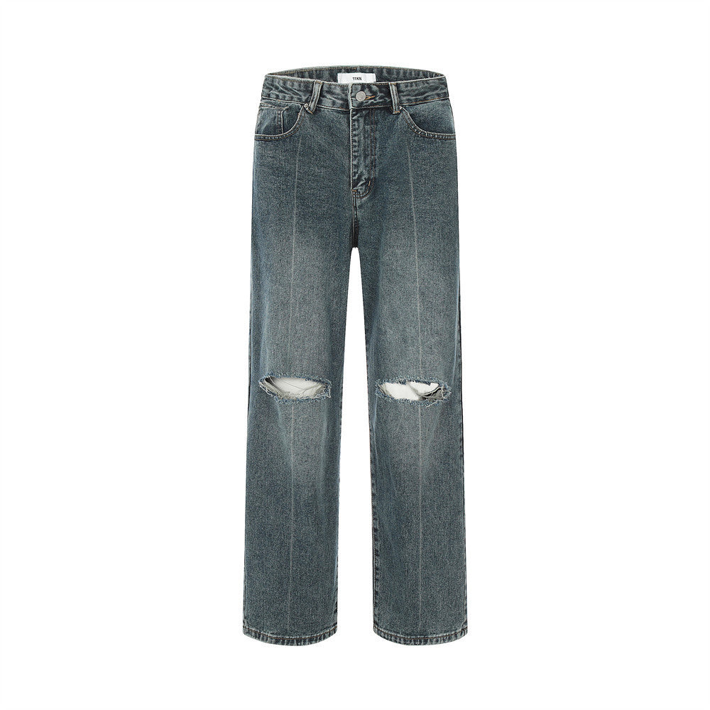 Ripped Knee Jeans Men Straight-leg Trousers