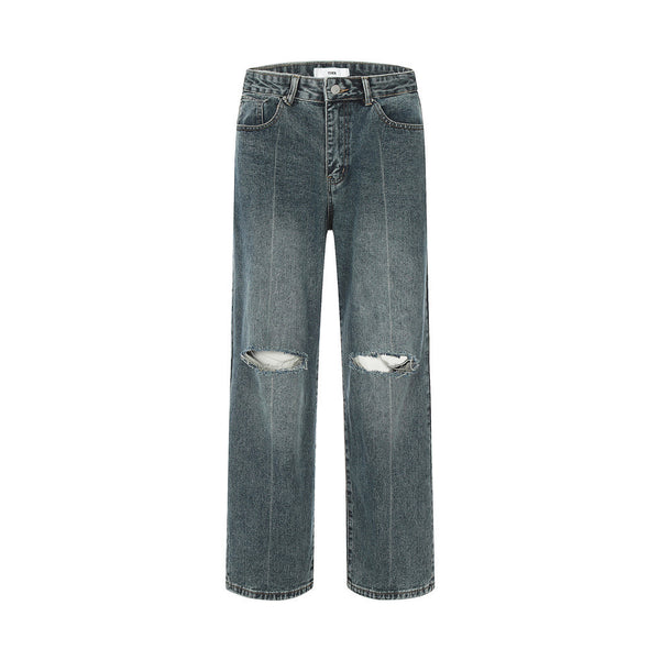 Ripped Knee Jeans Men Straight-leg Trousers