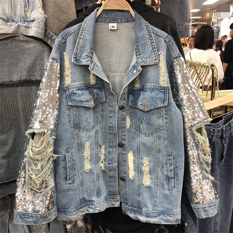 Heavy Industry Sequined Denim Jacket Women Loose