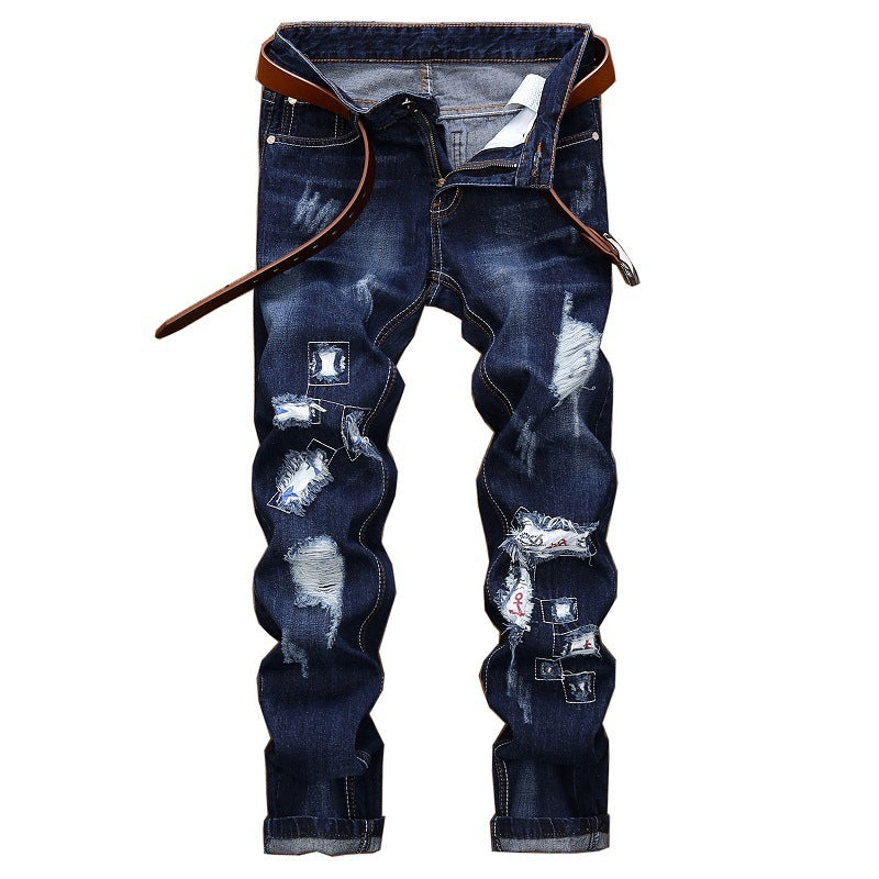 Embroidered Jeans Men's Straight Ripped Patch Men's Pants