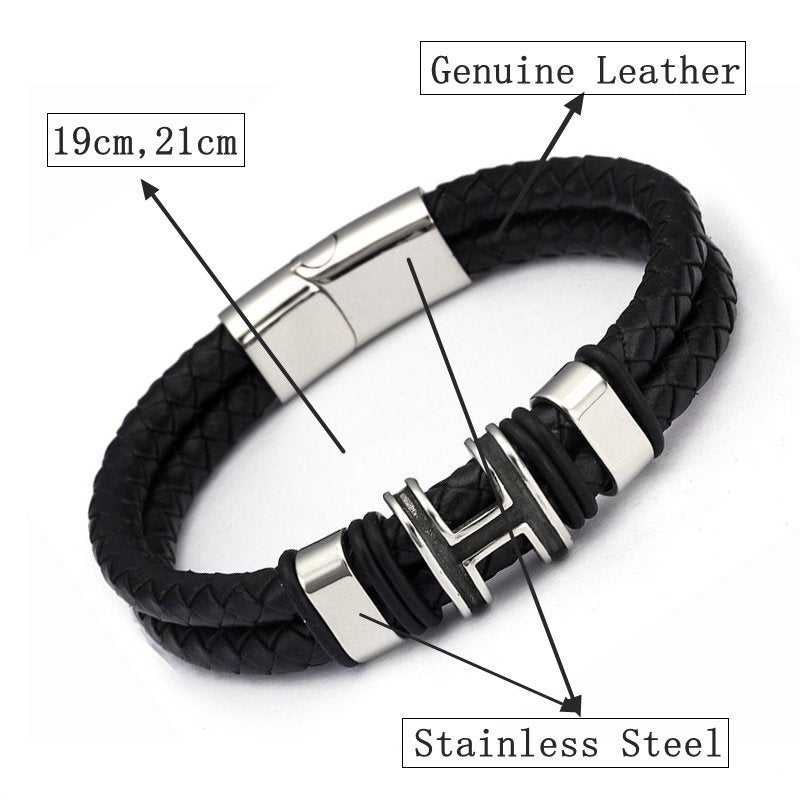 Retro Style High Quality Stainless Steel Ring H Accessories Genuine Leather Charm Accessories Men Women Bracelet