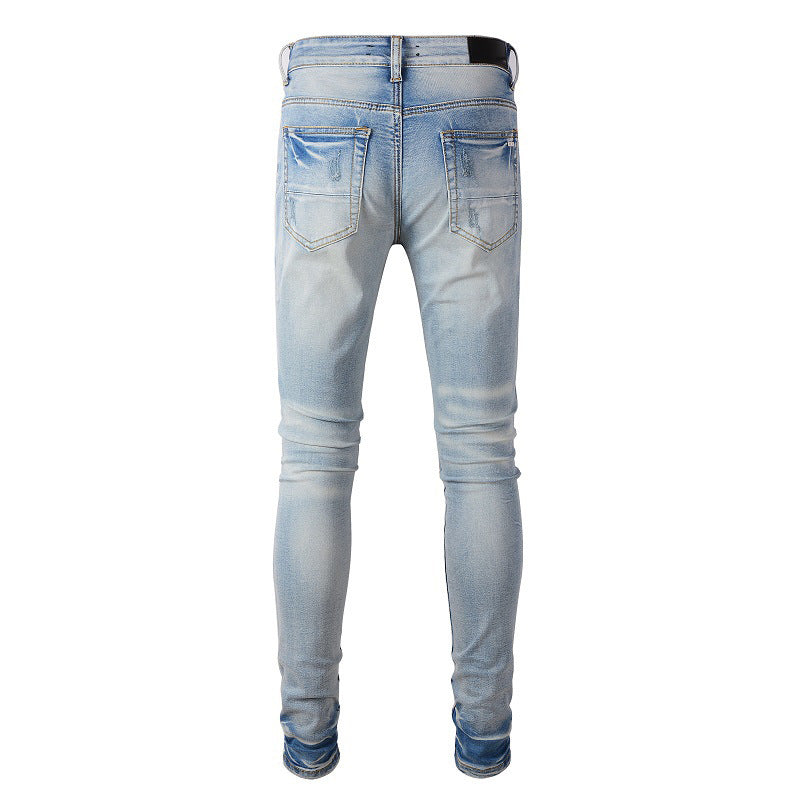 High Street Fashion Brand Light Blue Hole & Patch Stretch Slim Fit Skinny Jeans For Men