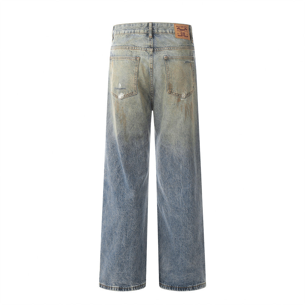 Yellow Mud Dyed Ripped Jeans For Men