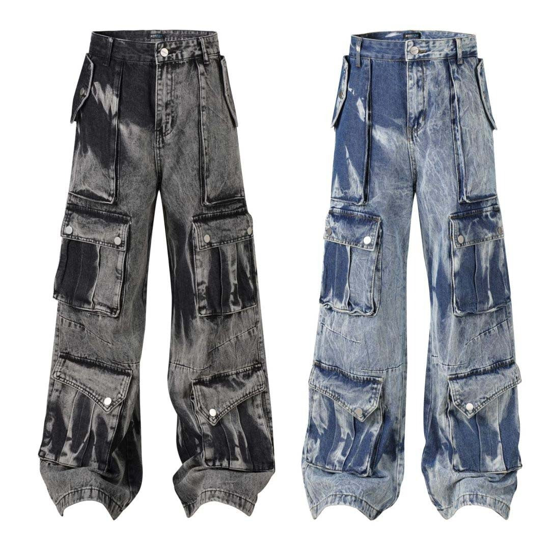 Retro Washed Distressed Tie-dye Multi-pocket Denim Overalls