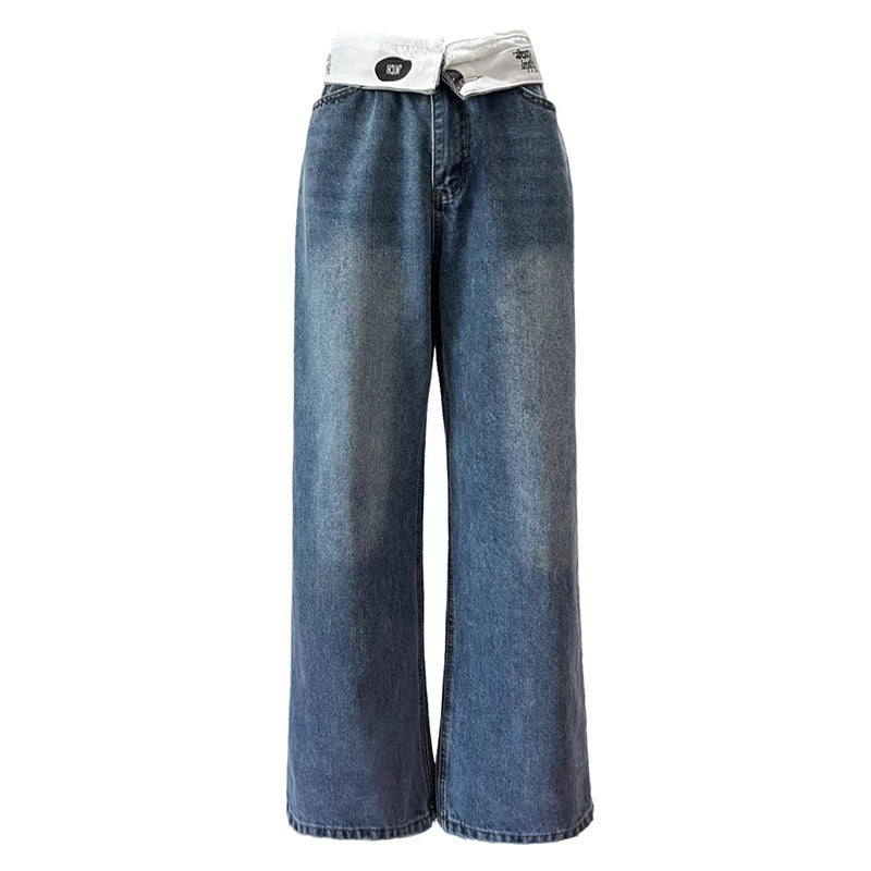 Niche Retro High Waist Flip All-match Draping Loose Straight Jeans For Women