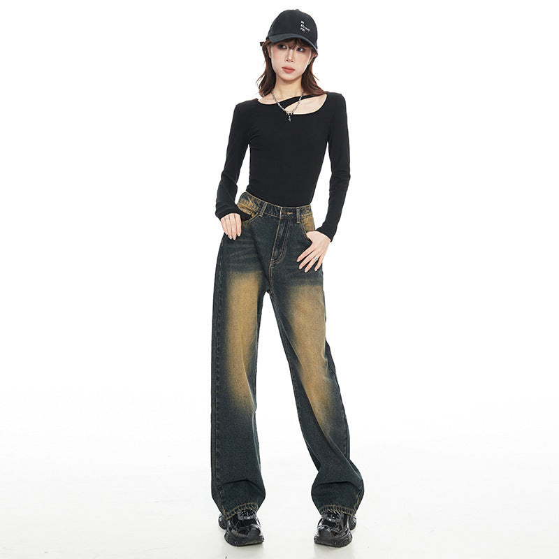 American Style Nostalgic Blue Wide Leg Jeans For Women