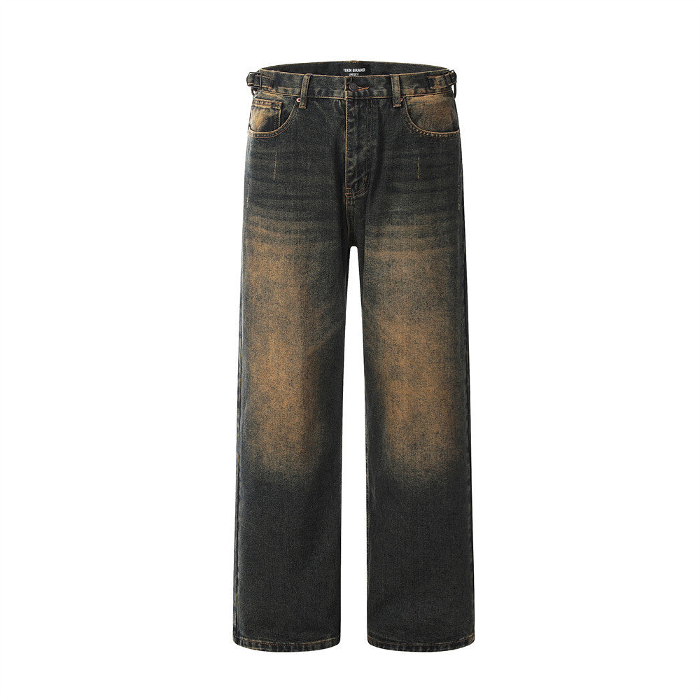 Contrast Color Washed Wide-leg Jeans Men