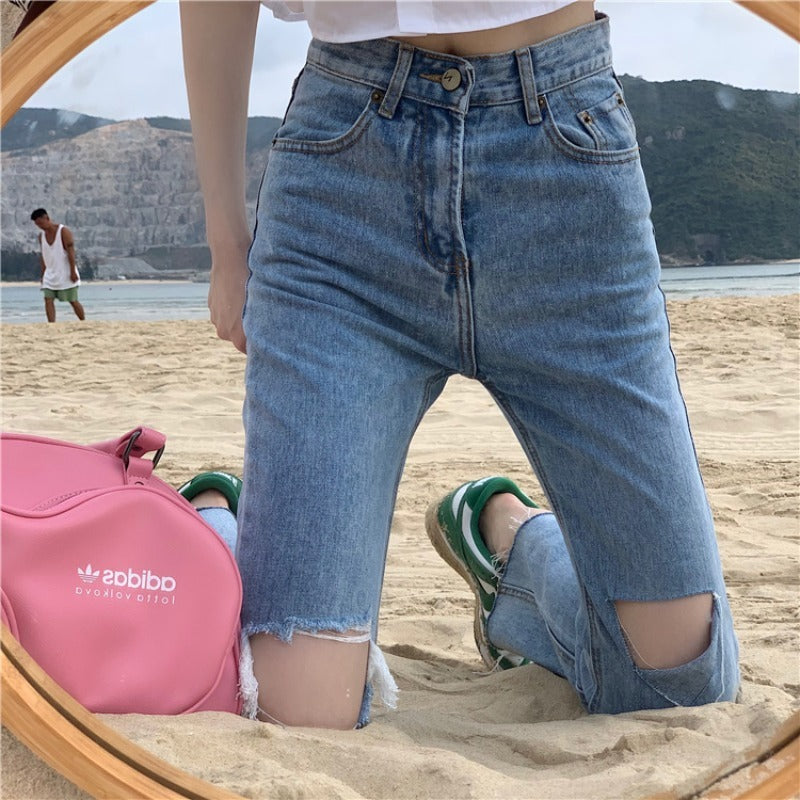 Summer Slim And Ripped Cropped Straight-leg Jeans For Women