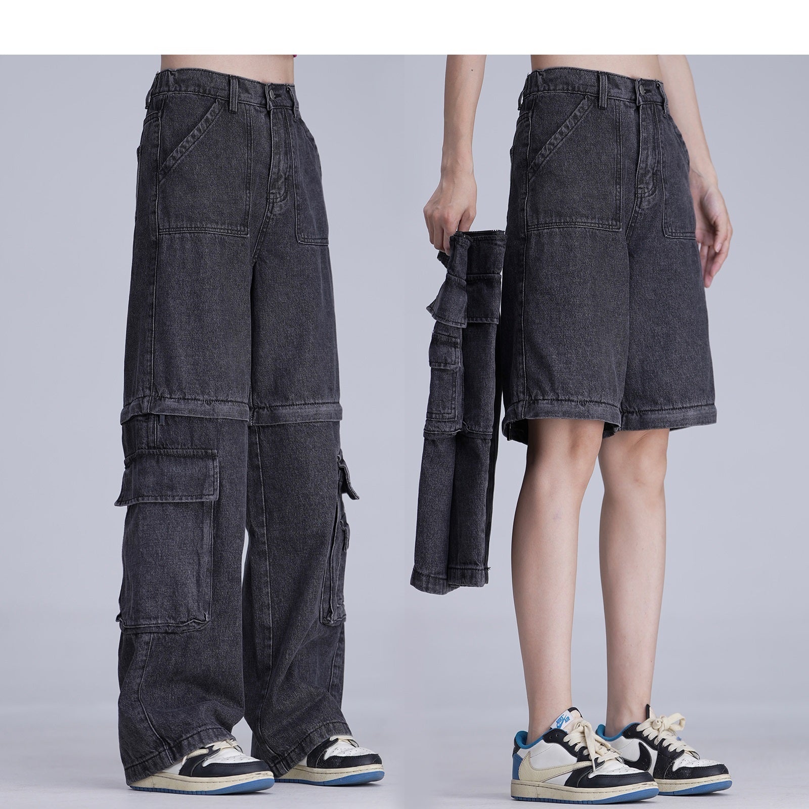 Two-way Detachable Tooling Style Worn Jeans Men And Women
