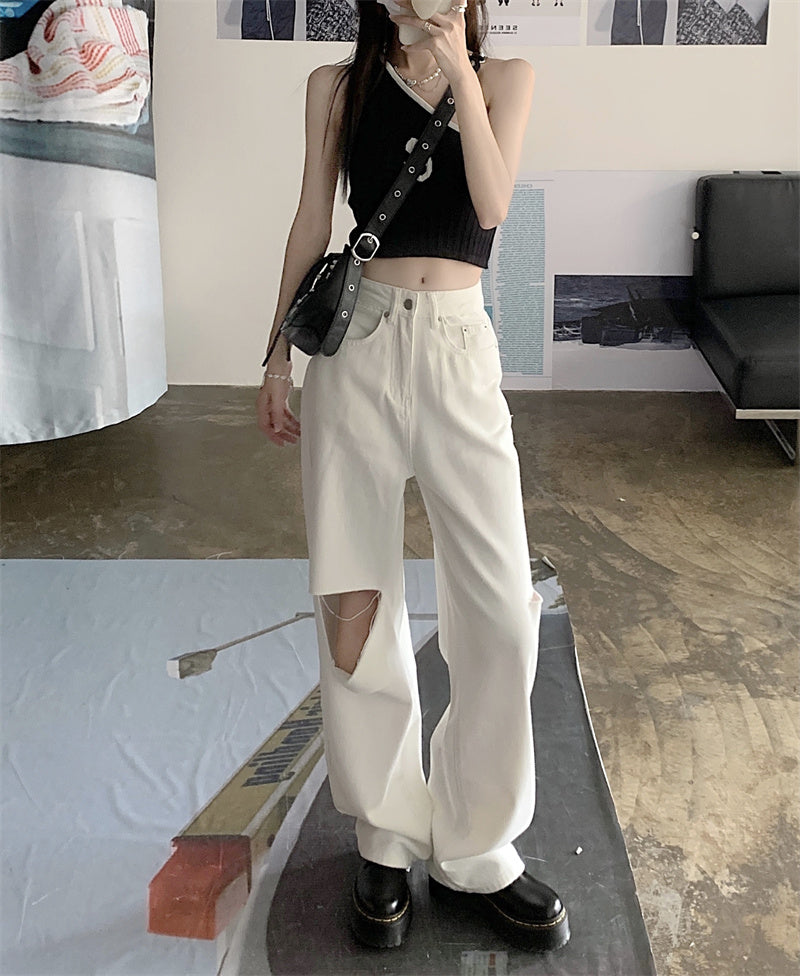 White Hole Straight Jeans Women''s Summer Ins Small Loose