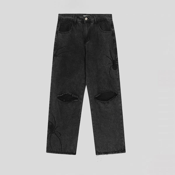 Dark Spider Embroidery Ripped Jeans For Men