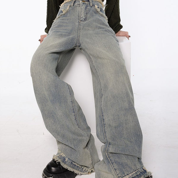 American High Waist Straight Wash Made Old Jeans Women