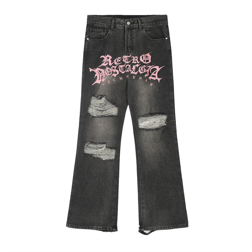 Embroidery Hole Slightly Flared Jeans Men