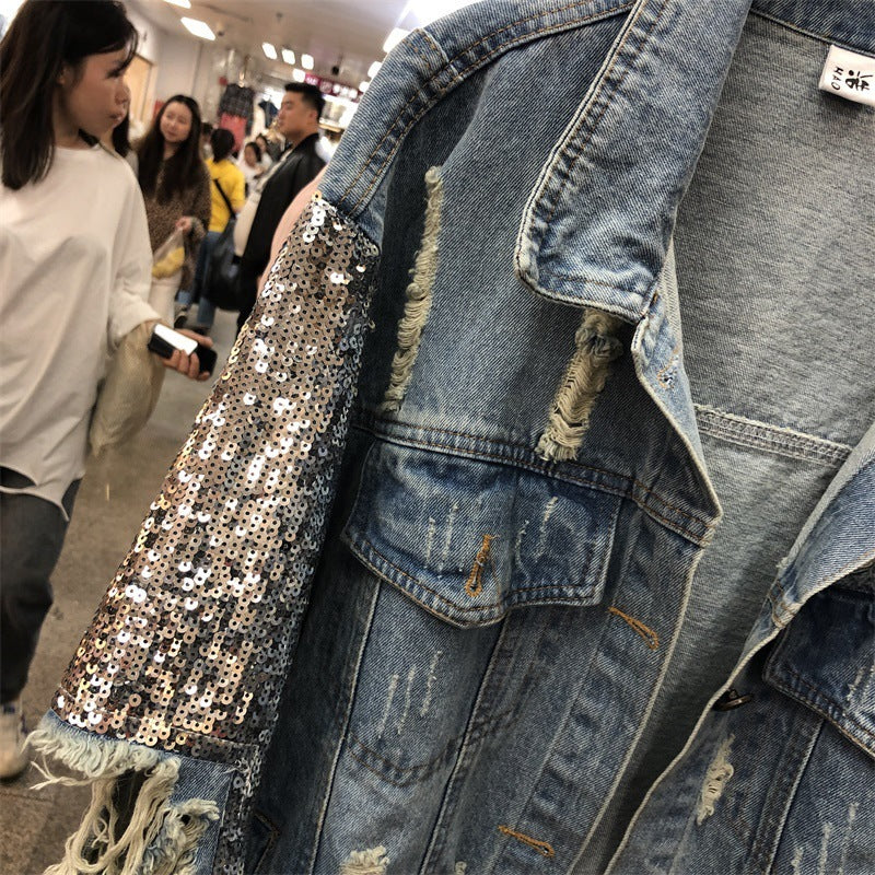 Heavy Industry Sequined Denim Jacket Women Loose