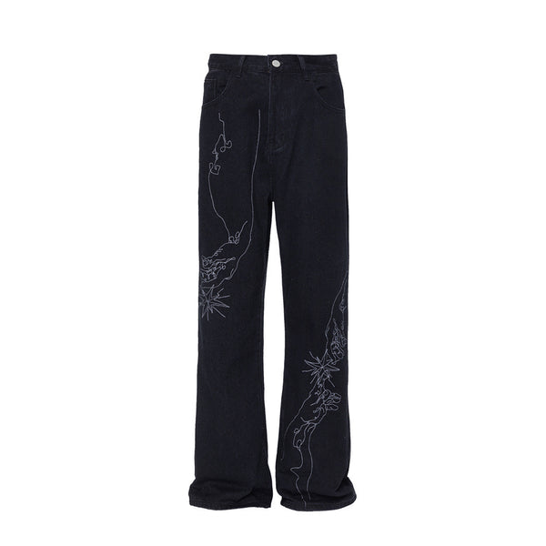 Line Embroidery Straight Jeans Men