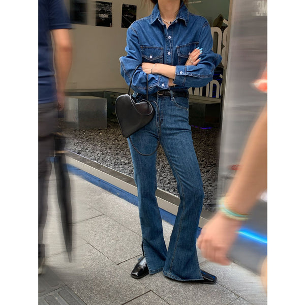 Women's High Waist Casual Stretch Flare Slit Jeans Women