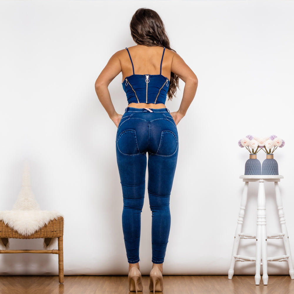 Shascullfites Shaper Set Dark Blue Washed Ripped Jeans Set Zipper Crop Top Club Party Set Of Two Fashion Pieces For Women