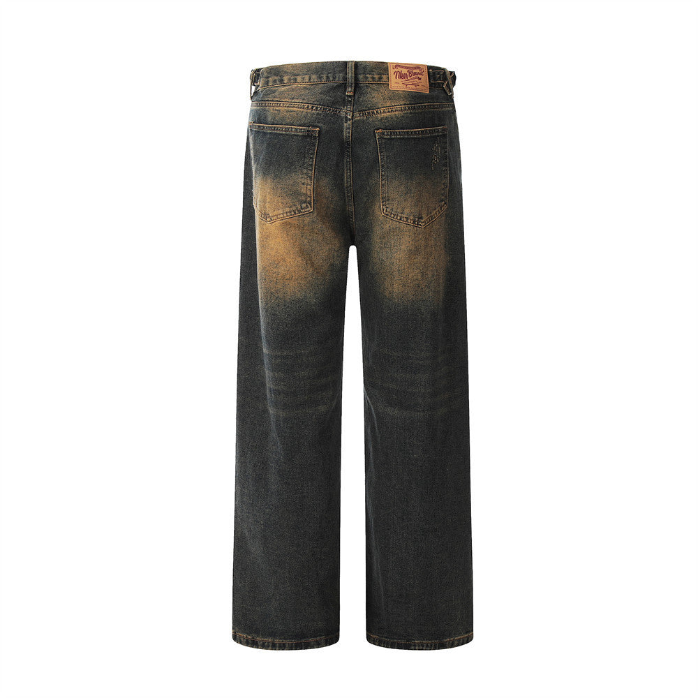 Contrast Color Washed Wide-leg Jeans Men