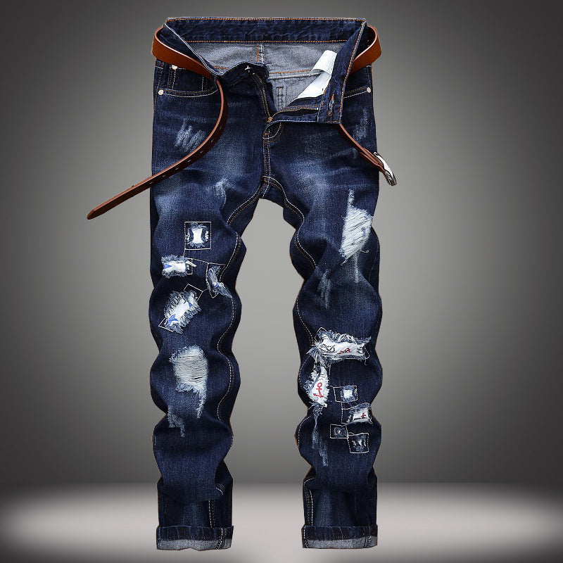 Embroidered Jeans Men's Straight Ripped Patch Men's Pants