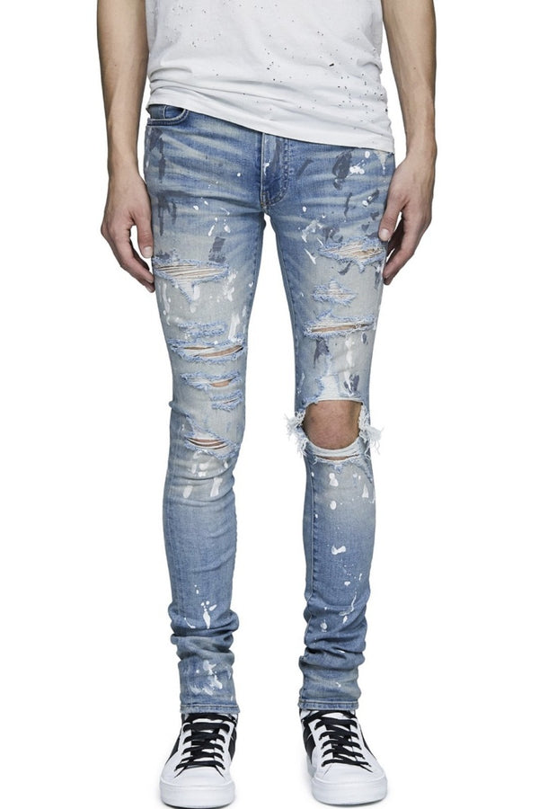 Torn Graffiti Old Wash Stretchy Slim Jeans Men