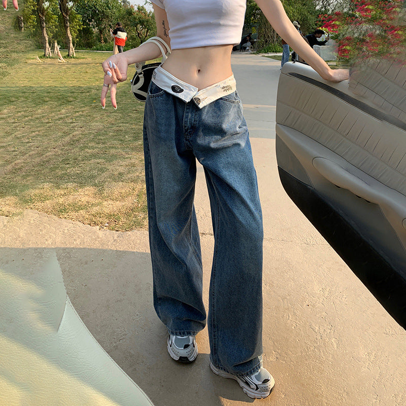 Niche Retro High Waist Flip All-match Draping Loose Straight Jeans For Women