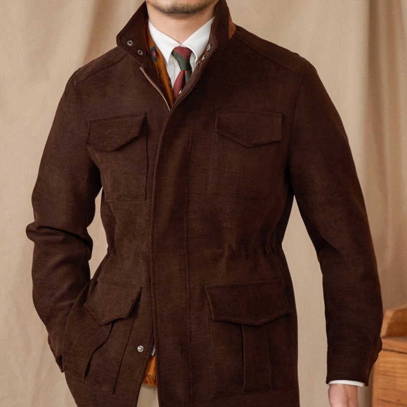 Elastic Waist Stand Collar Jacket Multi-pocket Safari Vintage Coat