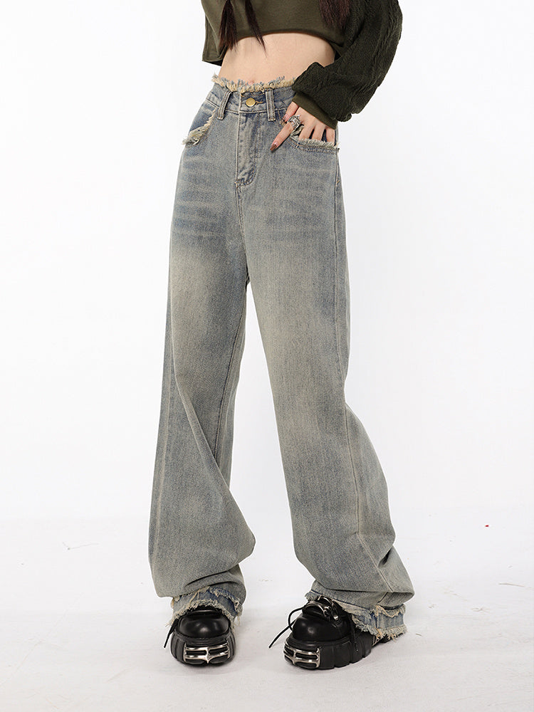 American High Waist Straight Wash Made Old Jeans Women